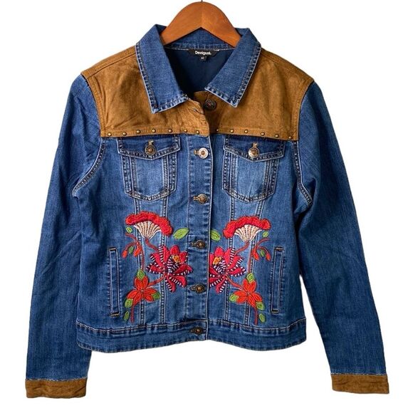 Desiqual Embroidered Flowers Western Denim Jean Jacket Stretchy Mixed Media Boho - Picture 1 of 16